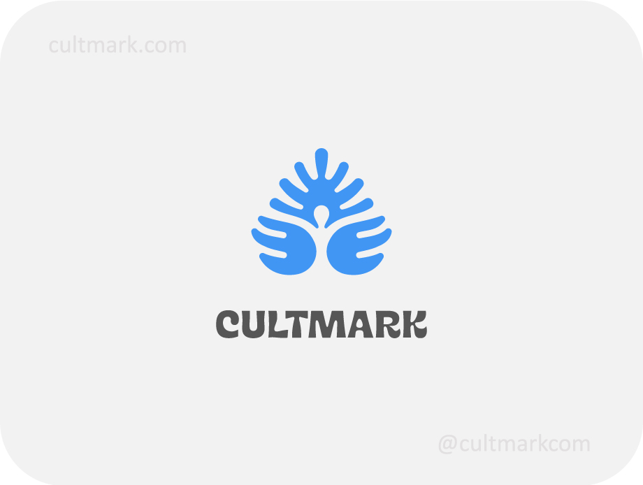 Cultmark Human Leaf Eco logo, vibrant blue vector leaf symbol with a human figure in negative space representing yoga, mindfulness, and environmental harmony for wellness business identity.