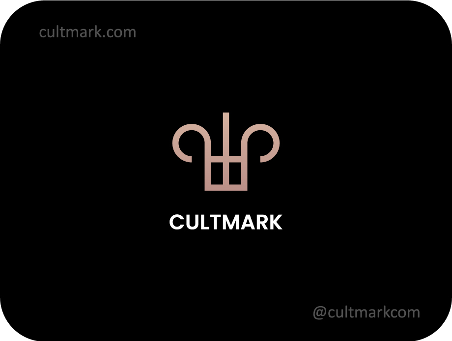 Cultmark Royal Minimalist Crown logo, elegant rose-toned vector symbol with symmetrical geometric lines representing prestige and excellence for luxury or beauty business identity.