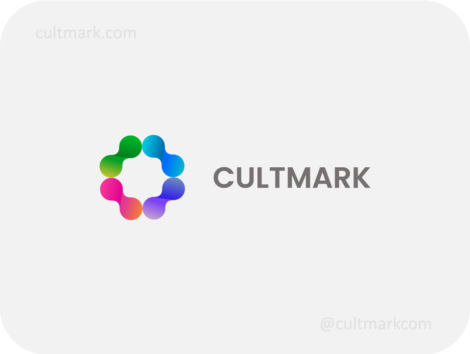 Cultmark Molecular Flower Tech logo, vibrant multi-color vector symbol of interconnected molecular nodes in a circular floral pattern representing science and technology for digital business identity.