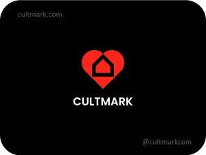 Cultmark Home Heart logo, minimalist red heart symbol with a house silhouette in the center representing family comfort and residential real estate identity.