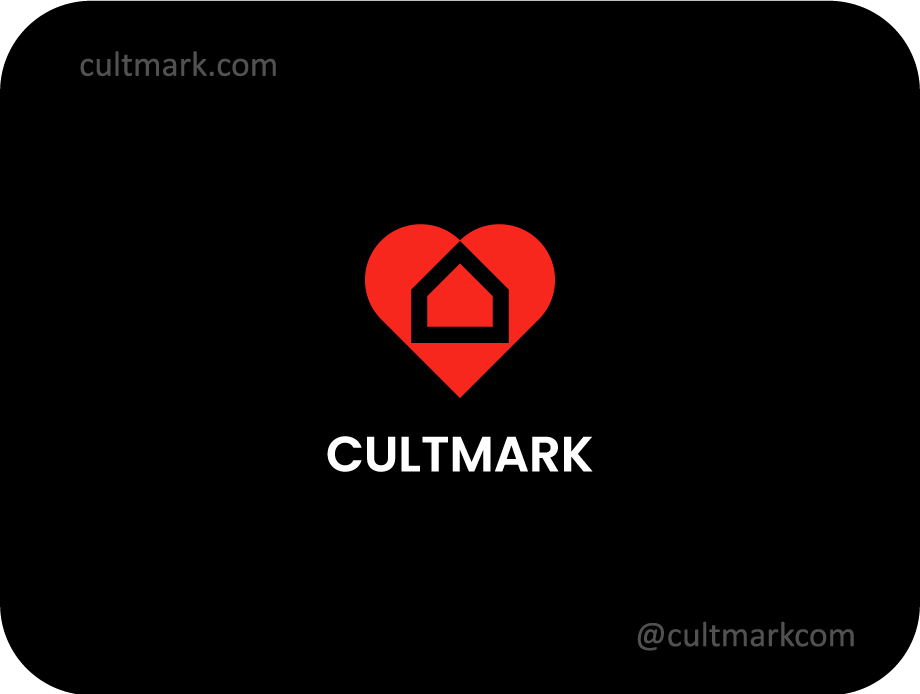 Cultmark Home Heart logo, minimalist red heart symbol with a house silhouette in the center representing family comfort and residential real estate identity.