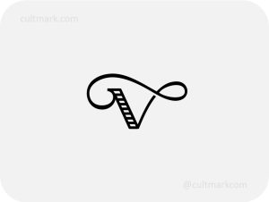 Cultmark Elegant Infinity Letter V logo, minimalist black vector monogram with calligraphic curves and hatched texture representing timeless luxury and growth.