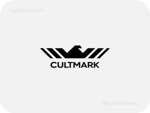 Cultmark Geometric Eagle Wing logo, minimalist black vector symbol of a stylized eagle with striped wings representing leadership, speed, and precision for technology or logistics business identity.