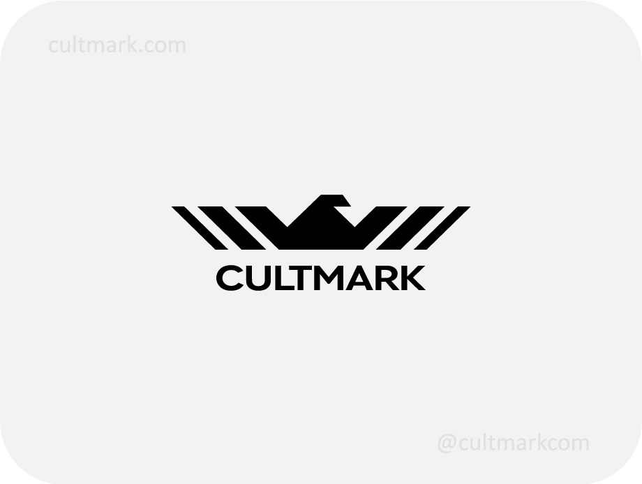 Cultmark Geometric Eagle Wing logo, minimalist black vector symbol of a stylized eagle with striped wings representing leadership, speed, and precision for technology or logistics business identity.