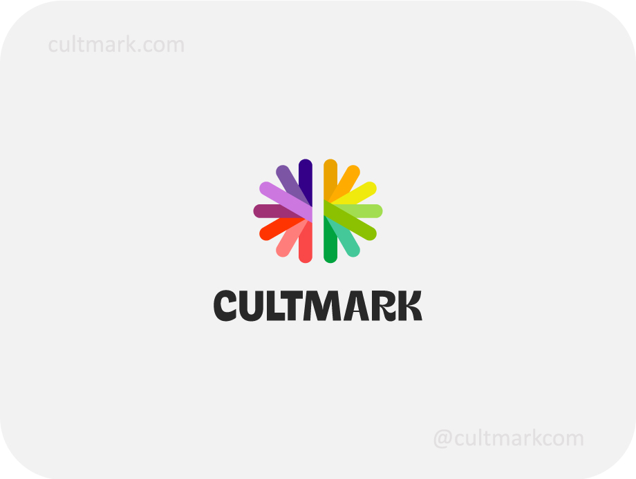 Cultmark Neural Flower Tech logo, vibrant rainbow vector symbol merging brain-shaped petals representing neurodiversity, AI, and creative intelligence for technology and wellness brands.