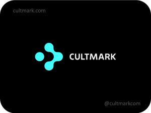 Cultmark Abstract Atomic Tech logo, vibrant cyan vector symbol of interconnected molecular points representing science, biotechnology and innovation for digital business identity.
