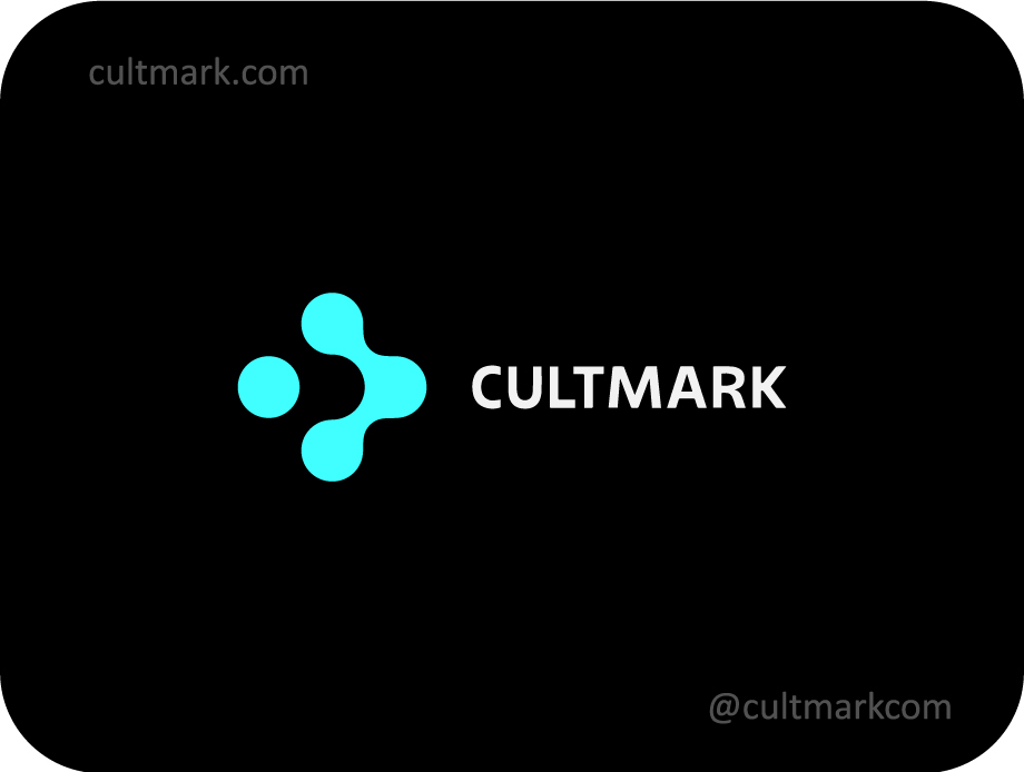 Cultmark Abstract Atomic Tech logo, vibrant cyan vector symbol of interconnected molecular points representing science, biotechnology and innovation for digital business identity.