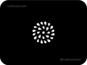 Cultmark 3D Firework Tech logo, minimalist black and white vector symbol of floating spheres in a circular burst representing digital innovation and data flow.