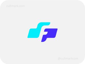 Cultmark Fast Forward F logo, dynamic blue and cyan vector symbol of a stylized letter F with aerodynamic shapes representing speed, logistics and tech innovation.