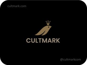 Cultmark Royal Bird Luxury logo, minimalist gold vector symbol of a crowned bird representing leadership and premium brand identity.