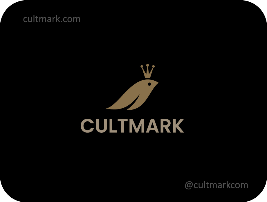 Cultmark Royal Bird Luxury logo, minimalist gold vector symbol of a crowned bird representing leadership and premium brand identity.