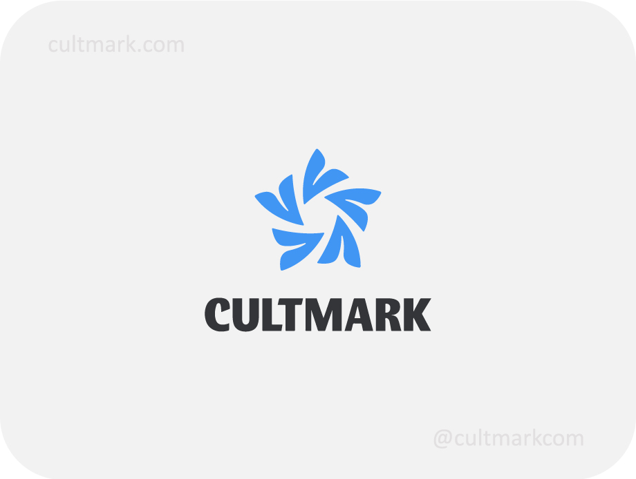 Cultmark V-Vortex Bloom logo, vibrant blue vector symbol of five letter V shapes forming a floral vortex representing energy, growth and modern brand identity.