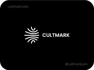 Cultmark Global Digital Sphere logo, minimalist white line art vector symbol of an abstract sphere with wavy lines representing global connectivity, AI and digital technology.