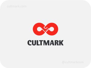 Cultmark Infinity Handshake logo, bold red vector symbol combining an infinity sign with a handshake representing trust, partnership and business collaboration.