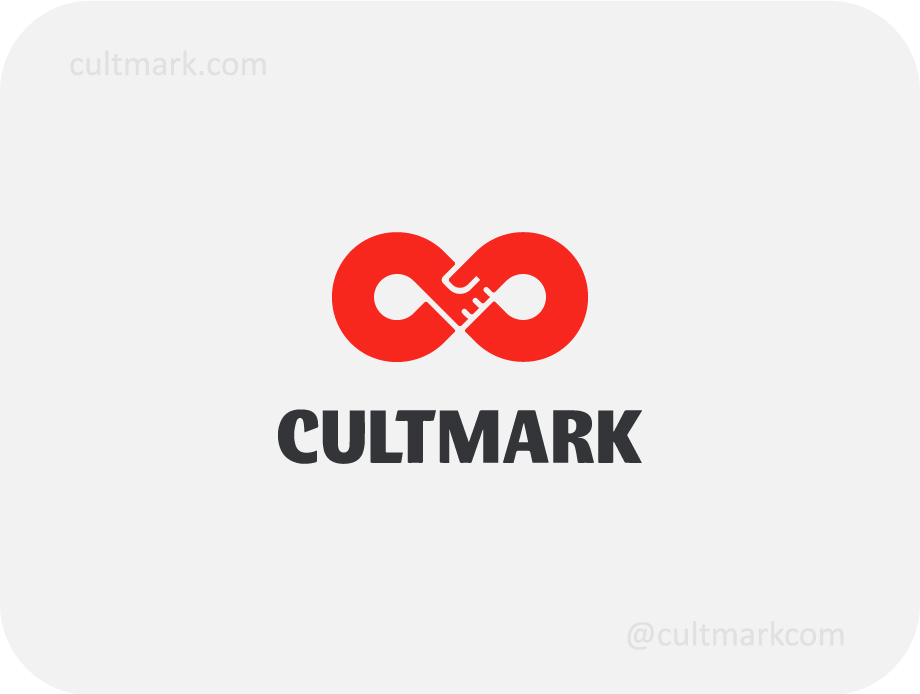 Cultmark Infinity Handshake logo, bold red vector symbol combining an infinity sign with a handshake representing trust, partnership and business collaboration.