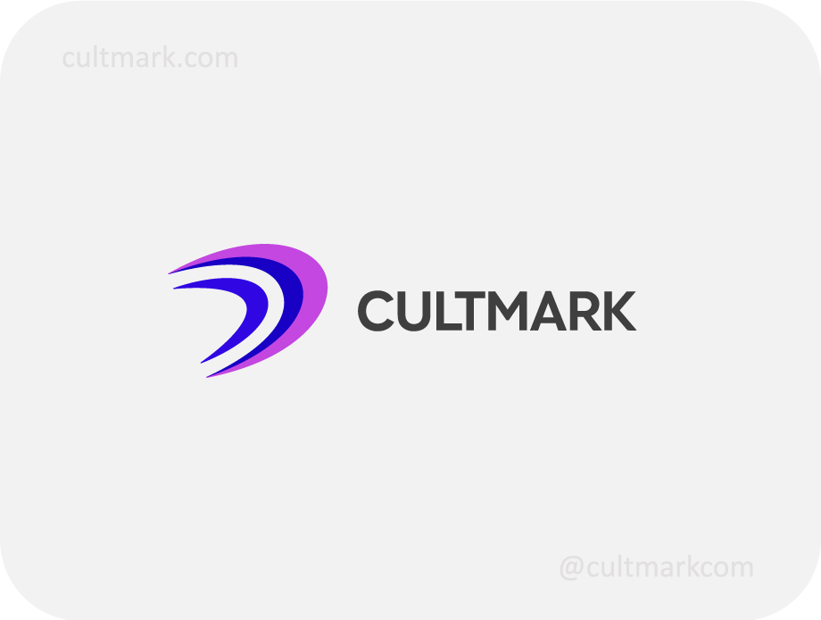 Cultmark Abstract Motion Waves logo, minimalist purple and blue vector symbol of aerodynamic curved lines representing speed, technology and digital innovation.