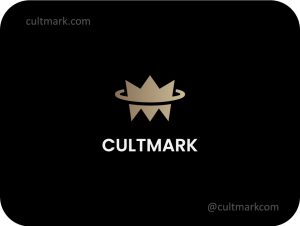 Cultmark Royal Crown Luxury logo, minimalist gold vector symbol of a crowned emblem with a surrounding ring representing leadership and premium brand identity.