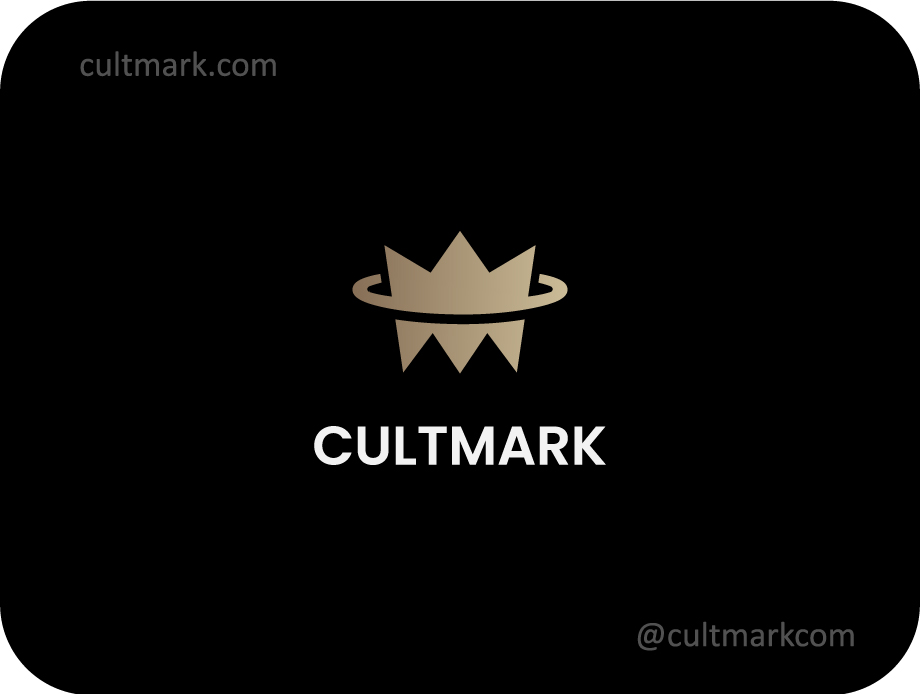 Cultmark Royal Crown Luxury logo, minimalist gold vector symbol of a crowned emblem with a surrounding ring representing leadership and premium brand identity.
