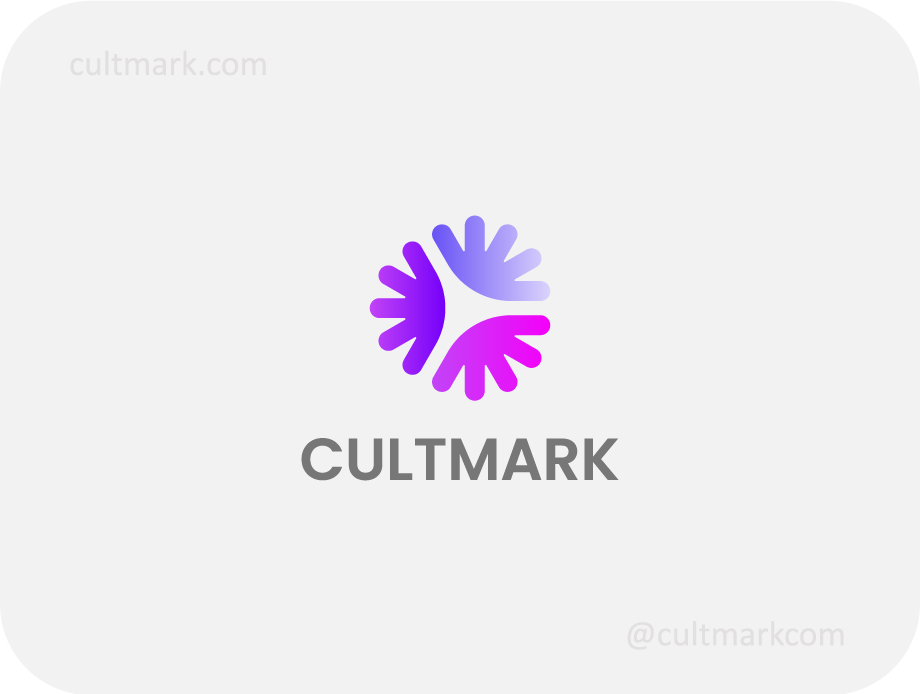 Cultmark Abstract flower logo, vibrant purple and pink vector symbol of three organic petal-like shapes representing growth, unity and modern brand identity.