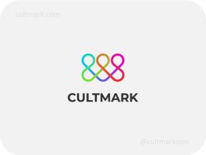 Cultmark Abstract Infinity Community logo, vibrant multi-colored vector symbol of interconnected lines forming people shapes and infinity loops representing unity and collaboration.