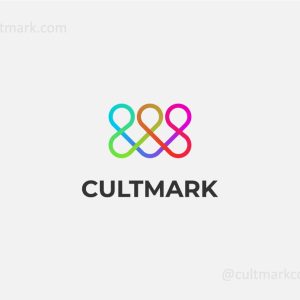 Cultmark Abstract Infinity Community logo, vibrant multi-colored vector symbol of interconnected lines forming people shapes and infinity loops representing unity and collaboration.