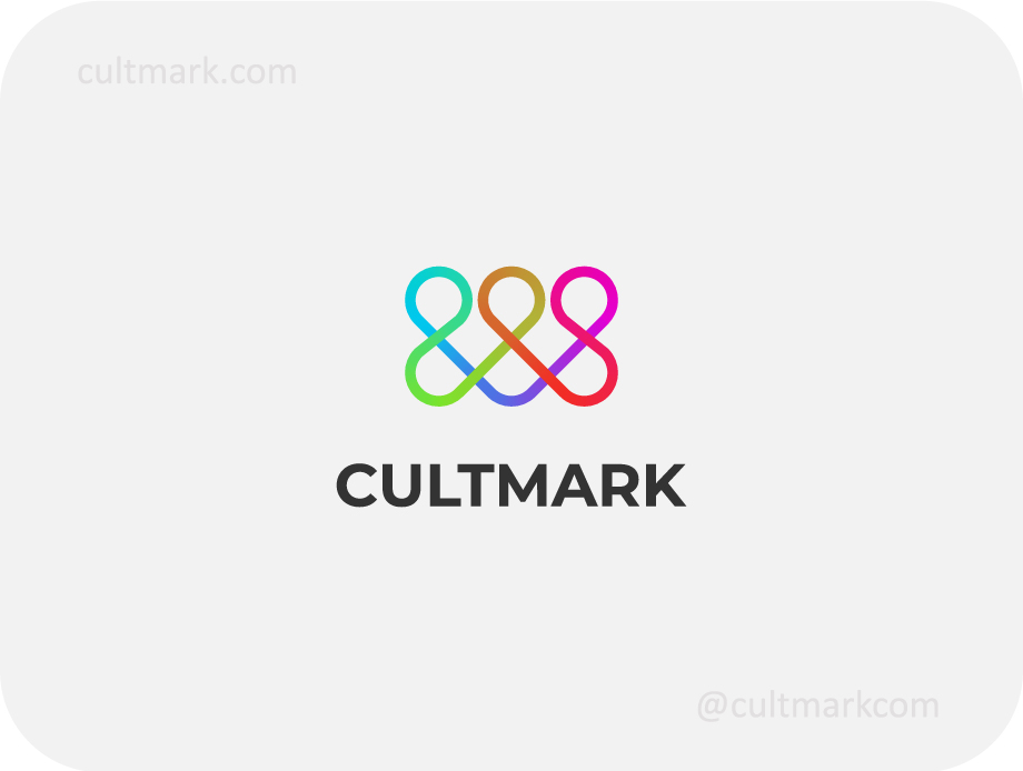 Cultmark Abstract Infinity Community logo, vibrant multi-colored vector symbol of interconnected lines forming people shapes and infinity loops representing unity and collaboration.