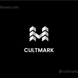 Cultmark Geometric letter H M Architecture logo, minimalist white vector symbol of a stylized monogram combining letters H and M representing construction and architectural design.