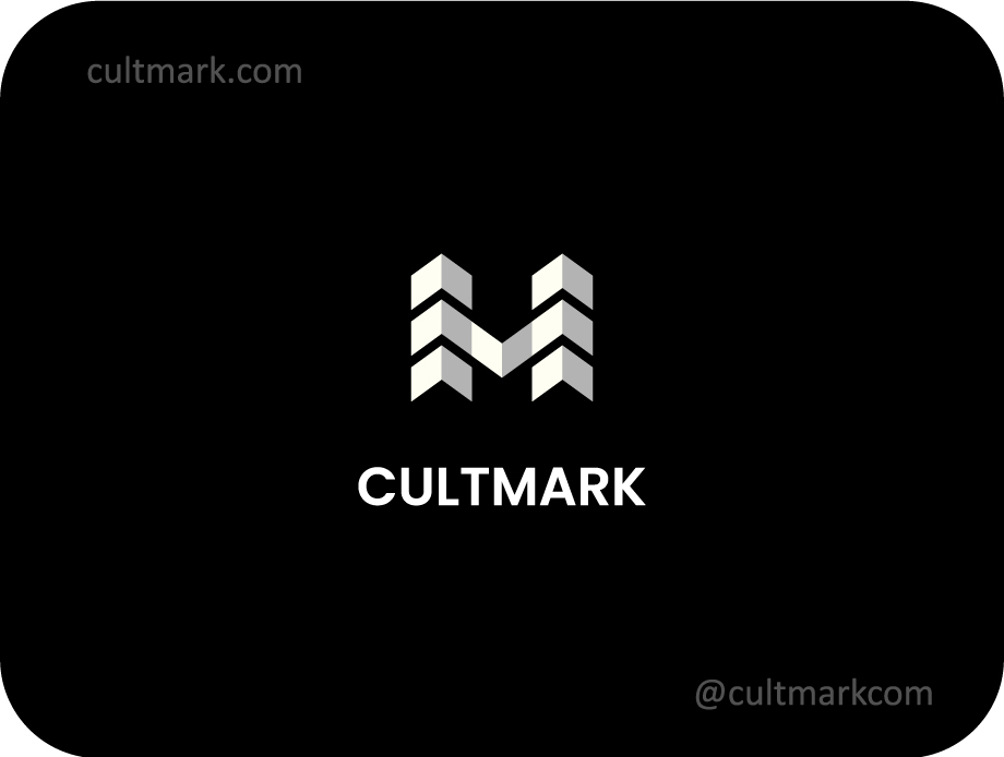 Cultmark Geometric letter H M Architecture logo, minimalist white vector symbol of a stylized monogram combining letters H and M representing construction and architectural design.