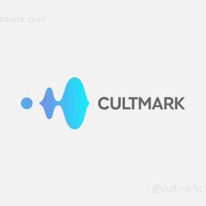 Cultmark Abstract fluid Wave logo, vibrant blue and cyan vector symbol of a stylized frequency wave and pulse dot representing audio technology and communication.