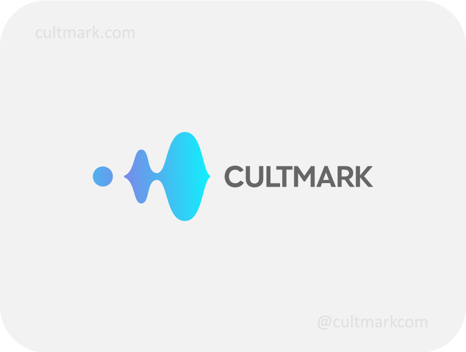 Cultmark Abstract fluid Wave logo, vibrant blue and cyan vector symbol of a stylized frequency wave and pulse dot representing audio technology and communication.