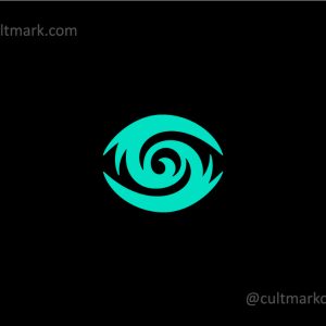 Cultmark Hypnotic Eye Vortex logo, vibrant turquoise vector symbol of a stylized eye with a central swirl representing vision, waves and focus.