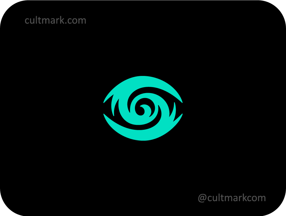 Cultmark Hypnotic Eye Vortex logo, vibrant turquoise vector symbol of a stylized eye with a central swirl representing vision, waves and focus.