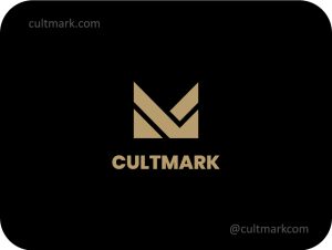 gold letter M logo with angular geometric design