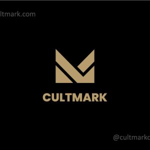 gold letter M logo with angular geometric design